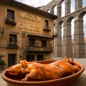 Vista del Mesón de Cándido, situado junto al imponente Acueducto de Segovia. En primer plano, un cochinillo asado dor…