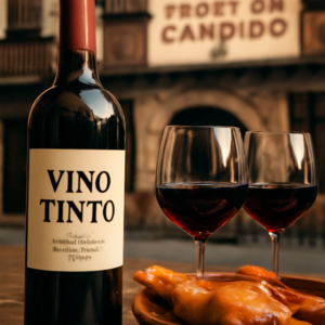 Primera plana enfoque de una botella de vino rojo con la etiqueta fácil de leer, cerca de un plato de cochinillo asad…