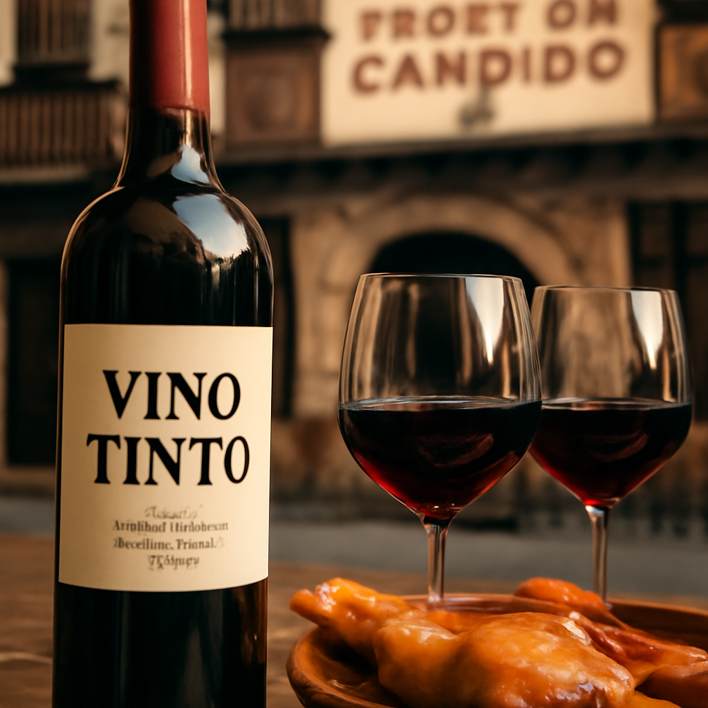 Primera plana enfoque de una botella de vino rojo con la etiqueta fácil de leer, cerca de un plato de cochinillo asad…